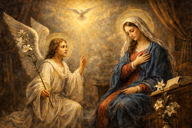 天使が聖母マリアに現れ、神の子イエス・キリストが生まれることを伝える絵画